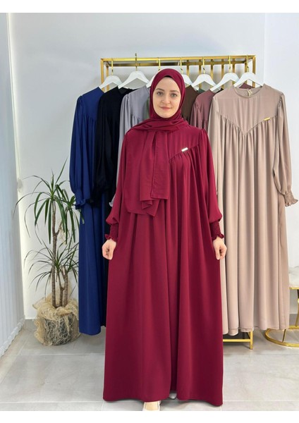 Sallı ,önü V Model Büzgülü Tesettür Elbise Takım ,ferrace,abaya, Hicab,hac ve Umre Için Uygun Bordo