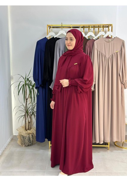 Sallı ,önü V Model Büzgülü Tesettür Elbise Takım ,ferrace,abaya, Hicab,hac ve Umre Için Uygun Bordo fiyatları