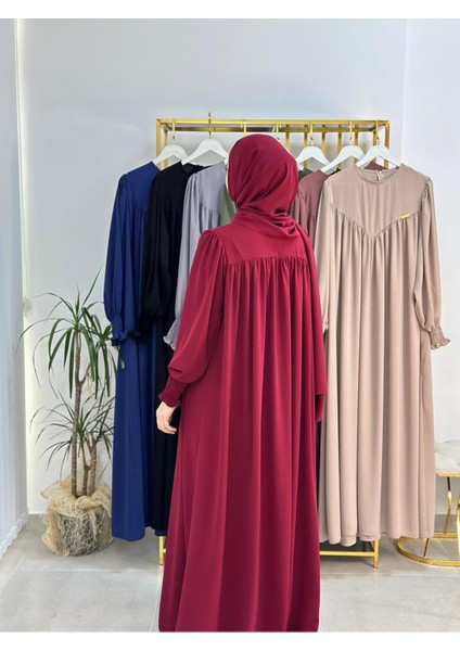 Sallı ,önü V Model Büzgülü Tesettür Elbise Takım ,ferrace,abaya, Hicab,hac ve Umre Için Uygun Bordo indirimleri