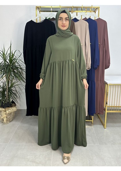 Iki Kat Büzgülü Elbise ve Şallı Takım .hijap ,abaya (Hac ve Umre Için Uygundur) Yeşil