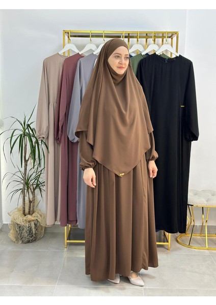 Yandan Büzgülü Elbise Sufle Esarp Takım Jilbab,abaya,hijab ( Hac ve Umre Için Uygundur) Kahve