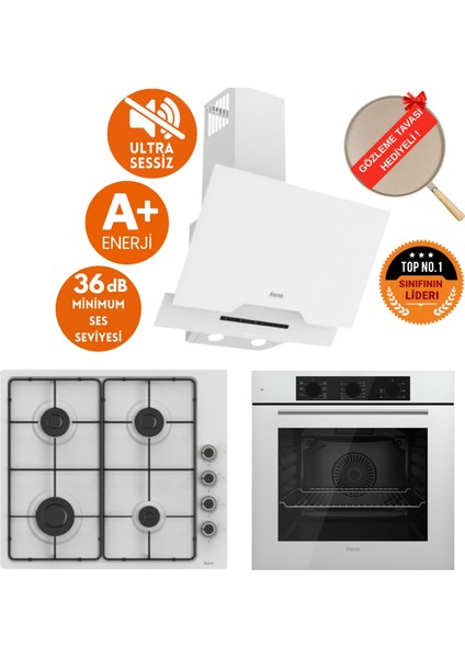 Silenart Riggo Ultra Sessiz Beyaz Ankastre Set ( D064 -Sa + EL066 Emaye Ocak + QBL62CB )