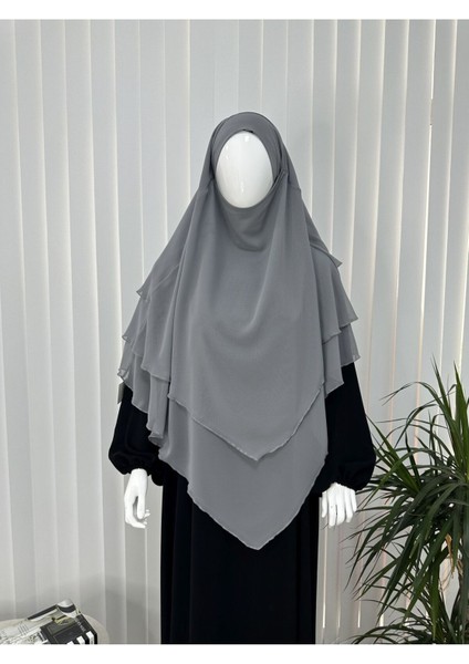 Üç Katlı Multı Sifon Sufle Eşarp ,khimar Hazır Eşarp Bağcıklı Eşarp Peçeli Gri Renk
