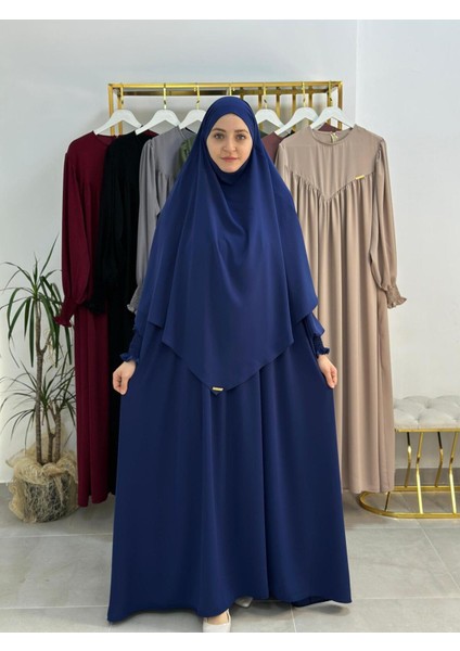Tesettür Elbise,önü V Model Büzgülü,sufle Esarpla Takım.hijap ,khimar.hac Umre Için Uygundur Indigo fiyatları