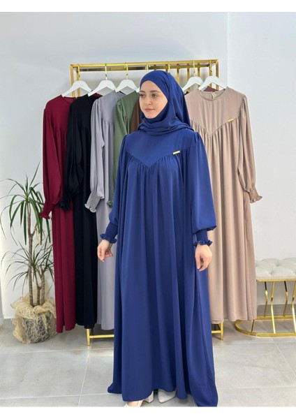 Tesettür Elbise,önü V Model Büzgülü,sufle Esarpla Takım.hijap ,khimar.hac Umre Için Uygundur Indigo modelleri