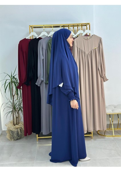 Tesettür Elbise,önü V Model Büzgülü,sufle Esarpla Takım.hijap ,khimar.hac Umre Için Uygundur Indigo fırsatları