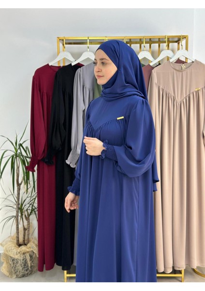 Tesettür Elbise,önü V Model Büzgülü,sufle Esarpla Takım.hijap ,khimar.hac Umre Için Uygundur Indigo indirimleri