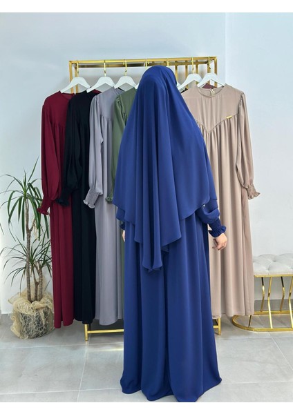 Tesettür Elbise,önü V Model Büzgülü,sufle Esarpla Takım.hijap ,khimar.hac Umre Için Uygundur Indigo