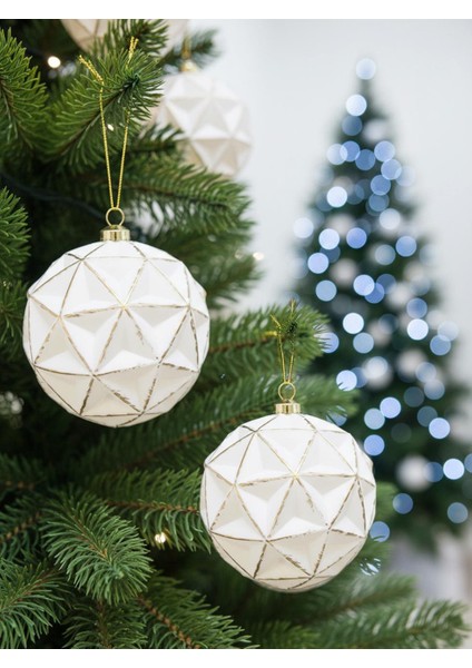 Yılbaşı Topu Geometrik Desenli Eskitme Detaylı Ağaç Süsü Beyaz 10 cm – 2'li Set fiyatları