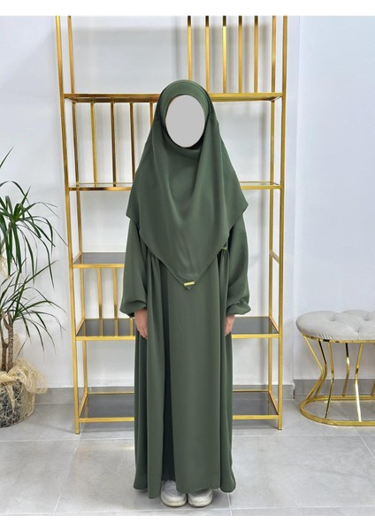 Kız Çocuk Tesettür Elbise,sufle Eşarp Takım Yeşil