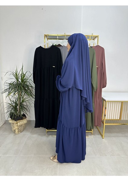 Ferace & Abaya Sufle Eşarp ve Iki Kat Büzgülü Elbise Takım.hijab .hac ve Umre Için Uygundur Indigo modelleri