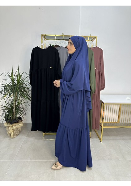 Ferace & Abaya Sufle Eşarp ve Iki Kat Büzgülü Elbise Takım.hijab .hac ve Umre Için Uygundur Indigo fırsatları