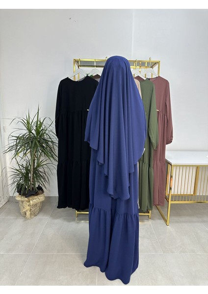 Ferace & Abaya Sufle Eşarp ve Iki Kat Büzgülü Elbise Takım.hijab .hac ve Umre Için Uygundur Indigo indirimleri