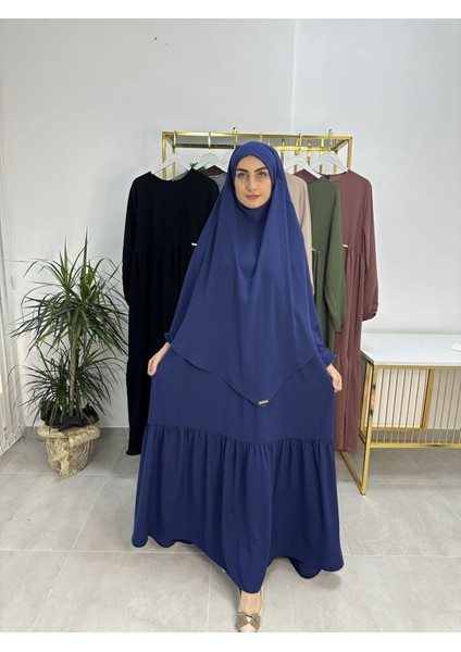 Ferace & Abaya Sufle Eşarp ve Iki Kat Büzgülü Elbise Takım.hijab .hac ve Umre Için Uygundur Indigo