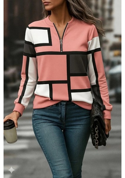 Mdb Kadın Uzun Kollu Yakadan Fermuarlı Desenli Şardonlu Dalgıç Bluz modelleri