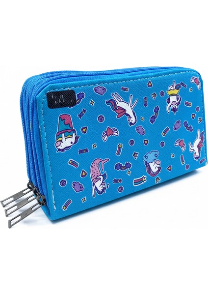 Üç Gözlü Lastikli Kalemlik Unicorn Mavi