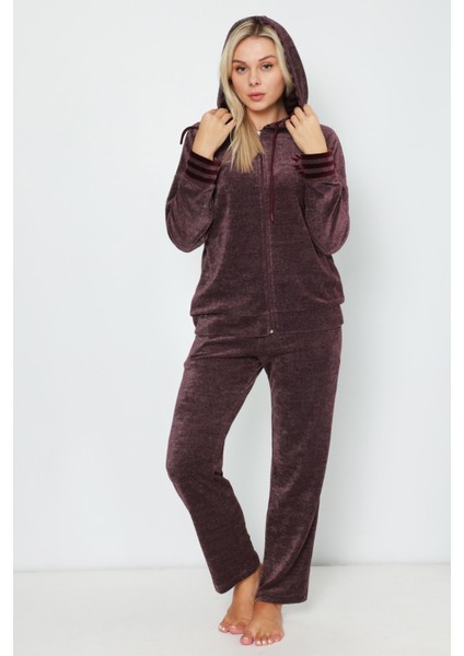 Kapüşonlu Bordo Nakış Detaylı Fermuarlı Uzun Kollu Pamuklu Kadife Kadın Alt-Üst Eşofman Takımın fiyatları