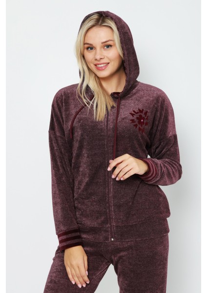 Kapüşonlu Bordo Nakış Detaylı Fermuarlı Uzun Kollu Pamuklu Kadife Kadın Alt-Üst Eşofman Takımın fırsatları