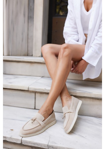 Casado Kadın Bej Gercek Suet Loafer Ayakkabi