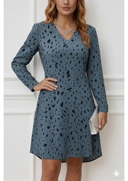 Mdb Kadın Uzun Kollu V Yakalı Desenli Kısa Keten Elbise