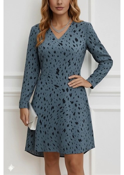 Mdb Kadın Uzun Kollu V Yakalı Desenli Kısa Keten Elbise modelleri