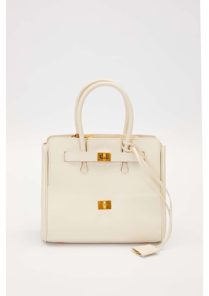 Beyaz Deri Aksesuar Detaylı El Çantası