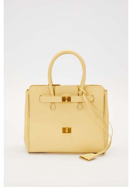 Sarı Deri Aksesuar Detaylı El Çantası