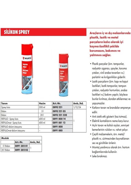 Würth Silikon Sprey 500ML Trim Gıcırtı Sesi Önleyici modelleri
