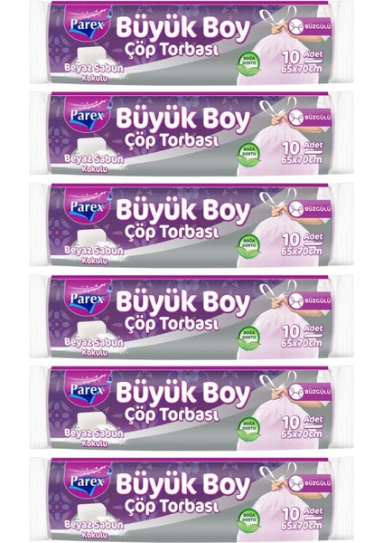 Büzgülü 10'lu Çöp Torbası Beyaz Sabun Kokulu Büyük Boy 65 x 70 cm Altılı Paket