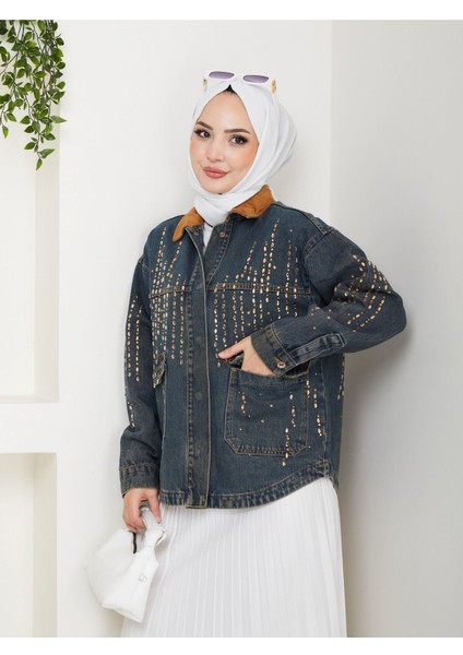 Kadife Yakalı Kot Ceket Koyu Mavi- Zikzak Desen fırsatları