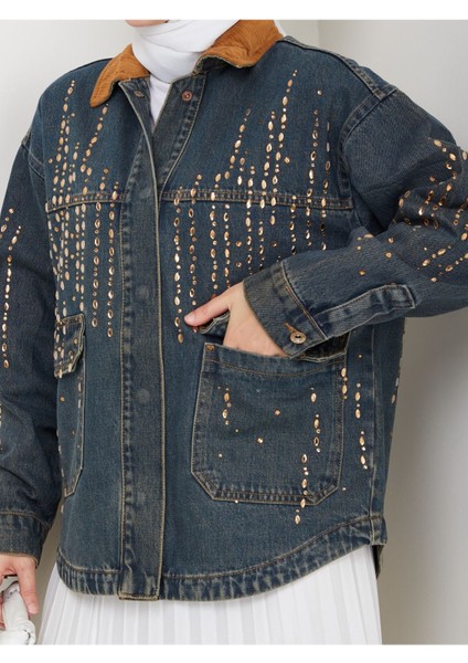 Kadife Yakalı Kot Ceket Koyu Mavi- Zikzak Desen indirimleri