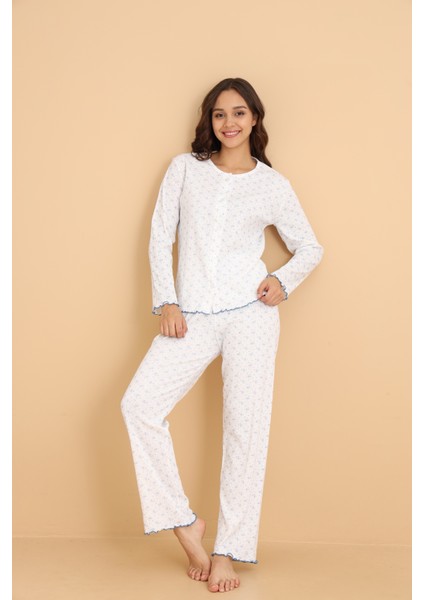 Mirano 8455 Pointel Kumaş Boydan Düğmeli Günlük Çiçekli Kadın Pijama Takımı