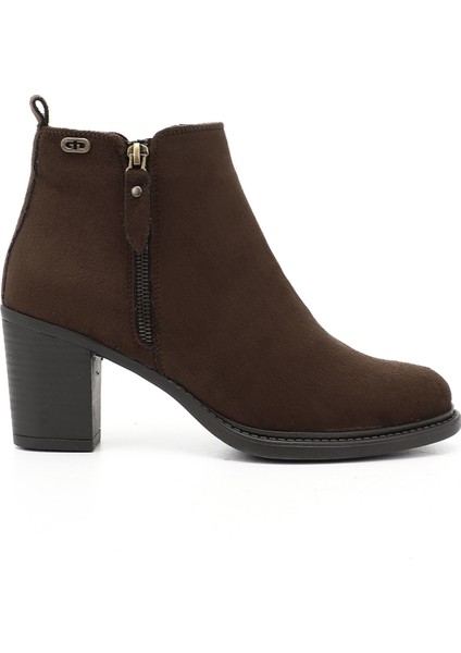 Kadın Kahve Fermuarlı Kalın Topuklu Bot
