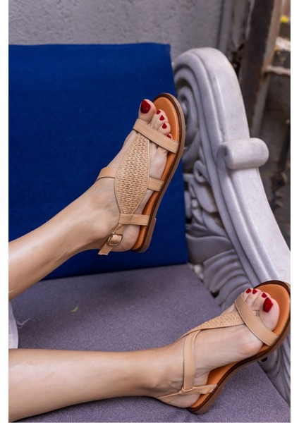 Leaf Kadın Bej Gerçek Deri Parmak Arasi Sandalet