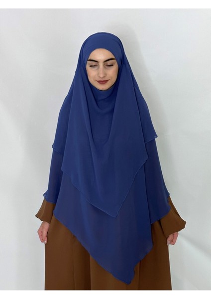 Üç Katlı Hazır Peçeli Sufle Khimar Şifon Esarp 4 Ipli Indigo Mavi