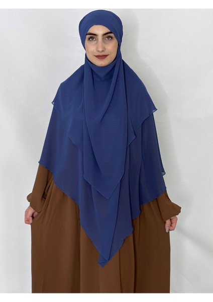Üç Katlı Hazır Peçeli Sufle Khimar Şifon Esarp 4 Ipli Indigo Mavi fiyatları