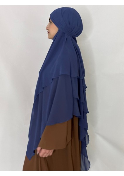 Üç Katlı Hazır Peçeli Sufle Khimar Şifon Esarp 4 Ipli Indigo Mavi modelleri