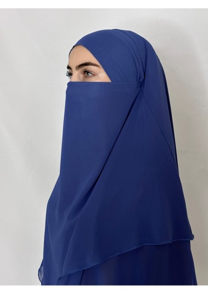 Üç Katlı Hazır Peçeli Sufle Khimar Şifon Esarp 4 Ipli Indigo Mavi indirimleri