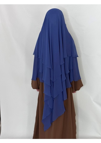 Üç Katlı Hazır Peçeli Sufle Khimar Şifon Esarp 4 Ipli Indigo Mavi