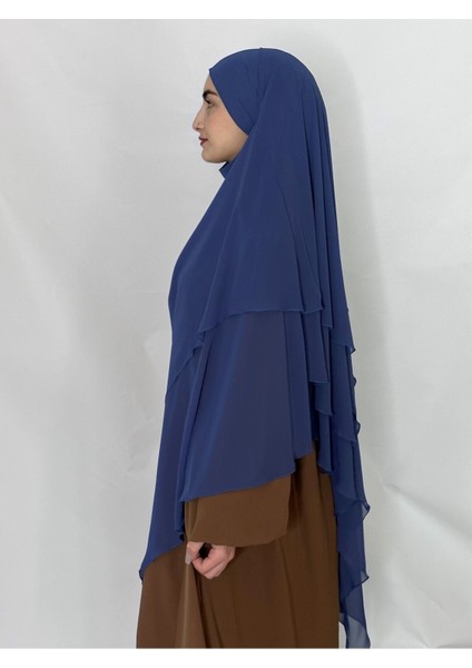 Üç Katlı Hazır Peçeli Sufle Khimar Şifon Esarp 4 Ipli Indigo Mavi