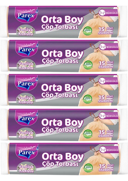 Büzgülü Çöp Torbası Vanilya Kokulu Orta Boy 15'li 55 x 60 cm Beşli Paket