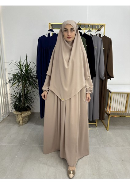 Ferace & Abaya Sufle Esarp ve Üsten Robalı Kemerli Elbise Takım .hac ve Umre Için Uygundur Bej