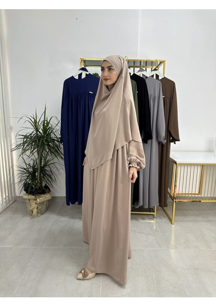 Ferace & Abaya Sufle Esarp ve Üsten Robalı Kemerli Elbise Takım .hac ve Umre Için Uygundur Bej fırsatları