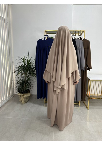 Ferace & Abaya Sufle Esarp ve Üsten Robalı Kemerli Elbise Takım .hac ve Umre Için Uygundur Bej indirimleri