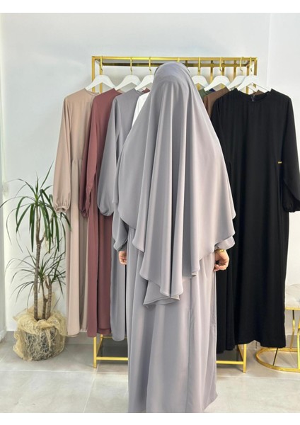 Yandan Büzgülü Elbise Sufle Esarp Takım Jilbab,abaya,hijab ( Hac ve Umre Için Uygundur) Gri modelleri