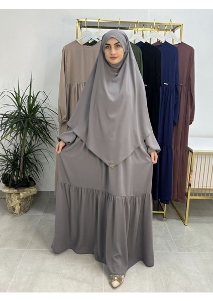 Ferace & Abaya Sufle Eşarp ve Iki Kat Büzgülü Elbise Takım.hijab .hac ve Umre Için Uygundur Gri