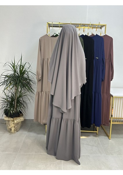 Ferace & Abaya Sufle Eşarp ve Iki Kat Büzgülü Elbise Takım.hijab .hac ve Umre Için Uygundur Gri fırsatları
