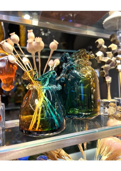 Mavi Amber Renkli Cam Vazo Set