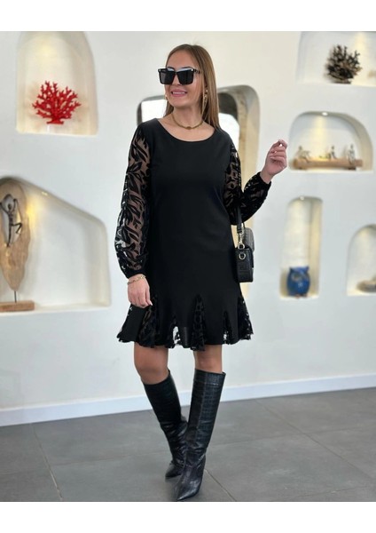 Mdb Kadın Uzun Kollu Yuvarlak Yaka Kol ve Etek Ucu Dantelli Kısa Ithal Krep Elbise fiyatları