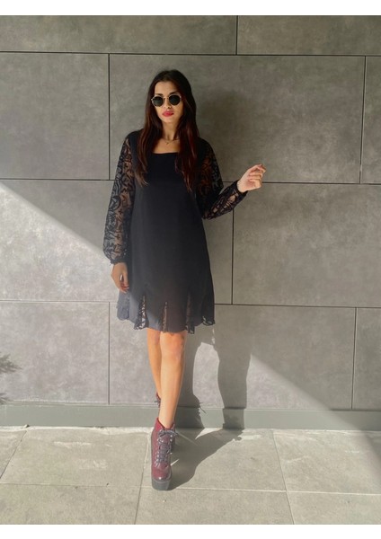 Mdb Kadın Uzun Kollu Yuvarlak Yaka Kol ve Etek Ucu Dantelli Kısa Ithal Krep Elbise indirimleri